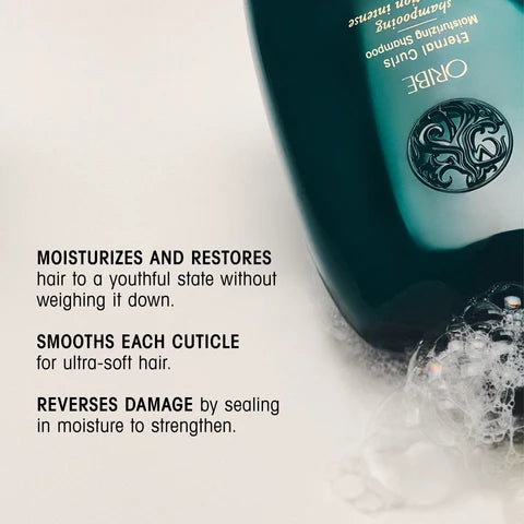 A bottle of ORIBE Eternal Curls Moisturizing Shampoo shown on a light background with descriptive text on the left and foam at the bottom right.