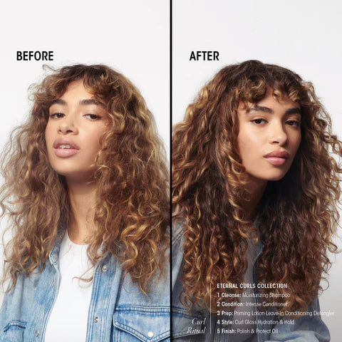 Before-and-after hair styling comparison showing a woman with long, curly brown hair. The left side is labeled 'BEFORE' and shows the hair in a natural, slightly wavy state.