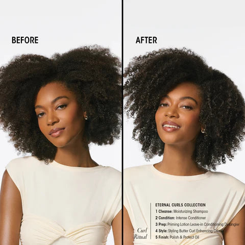 Before-and-after split comparison showing a woman with voluminous defined curls on the right compared to loose, unstyled curls on the left. Text labels 'BEFORE' and 'AFTER' appear above the split, with product details listed on the 'AFTER' side.