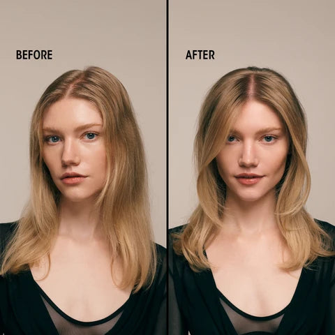 Before and after images of Oribe Featherbalm Weightless Styler: Specially developed for fine to medium hair textures, this ultra-light balm smoothes, hydrates and adds a hint of hold to blowouts, air-dried styles and finished looks that need a little polish.