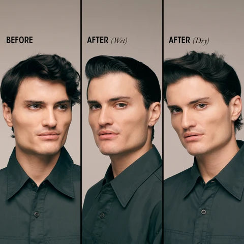 Oribe Rock Hard Gel Results: Three vertical panels show a man's face and hair in a dark shirt, labeled BEFORE, AFTER (Wet), and AFTER (Dry) to demonstrate the effect of a hair product on hair texture. Command every strand with precision and power. Oribe Rock Hard Gel is a modern cream-gel that delivers intense, architectural hold with a brilliant shine finish — whether you're going for a sharp spike, a sleek slick-back, or anything in between, your style stays exactly where you put it.