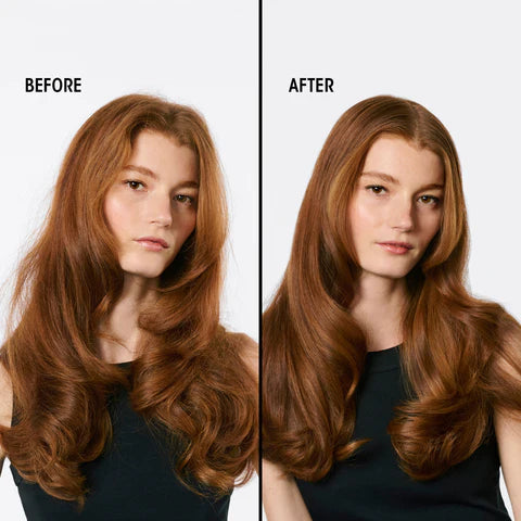 A side-by-side before and after comparison showing a woman with long auburn hair, demonstrating the effect of a hair product. The left side is labeled 'BEFORE' and shows the hair in a natural, slightly frizzy state. The result: hair that feels weightlessly soft, deeply nourished, and brilliantly luminous from root to tip.