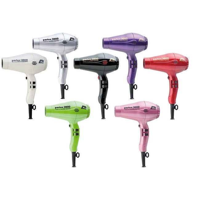 Parlux 3800 Ceramic and Ionic 2100W hair dryers in six assorted colours on white background