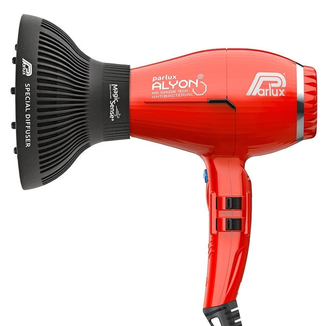 Side view of red Parlux Alyon hair dryer fitted with black MagicSense special diffuser attachment