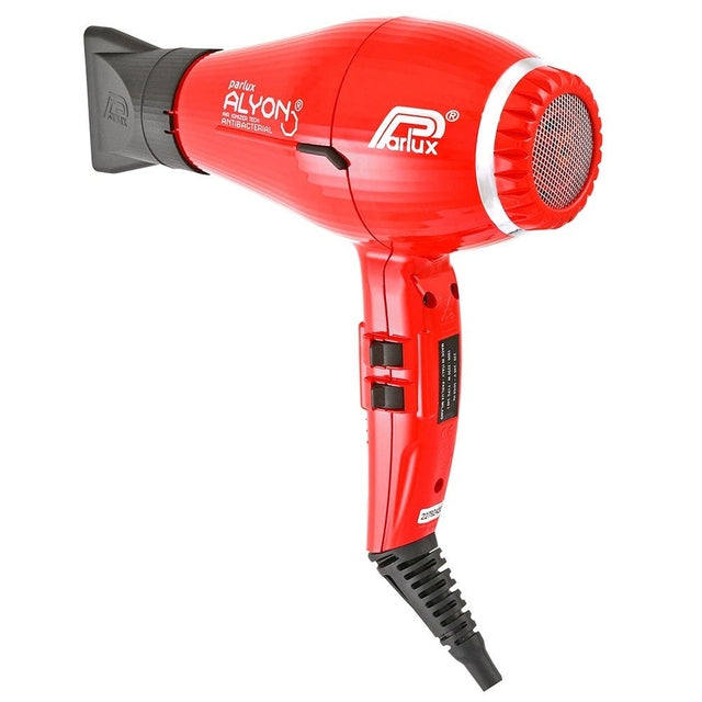 Red Parlux Alyon Air Ionizer Tech hair dryer with concentrator nozzle and rear filter detail