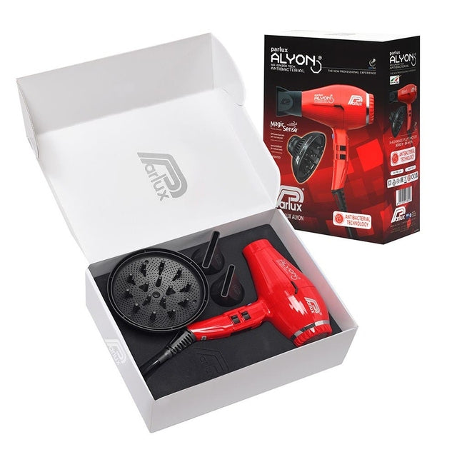 Parlux Alyon red hair dryer gift box set with diffuser and nozzles displayed beside retail packaging