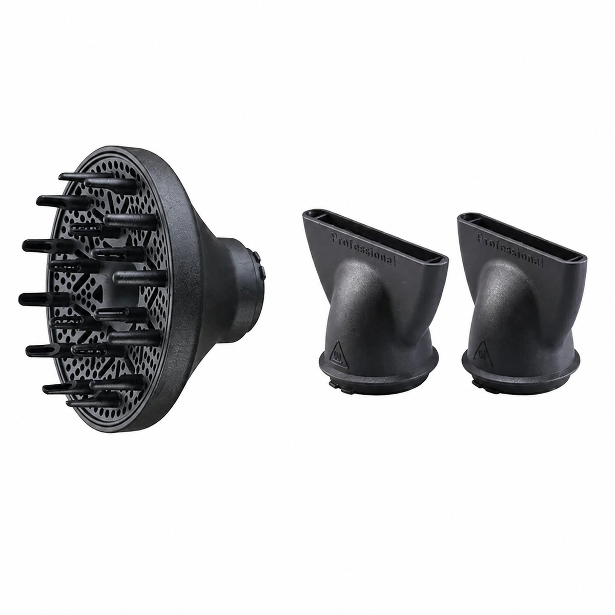Three black hair styling attachments, including a diffuser and two nozzle tips, shown on a plain white background.