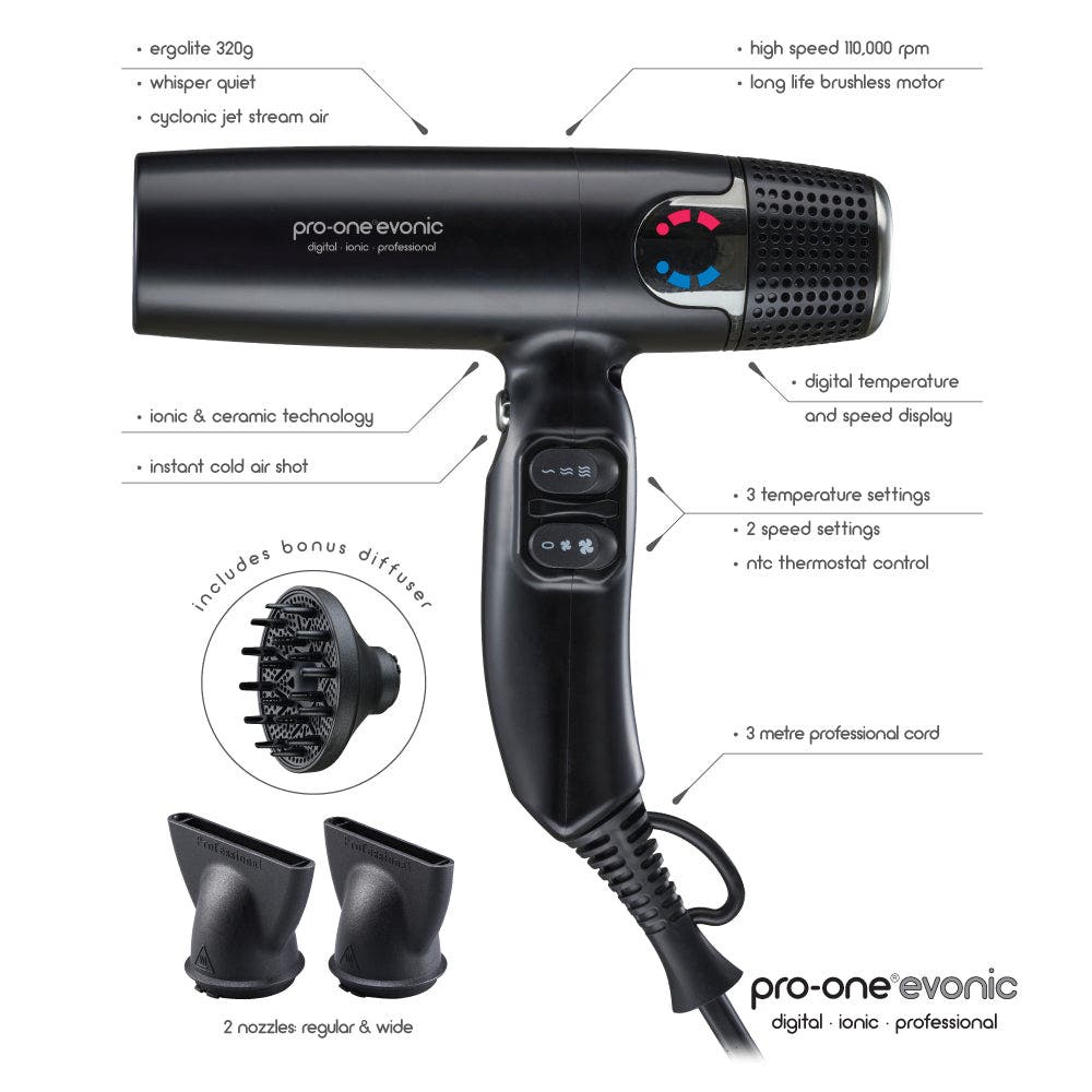 Pro-One EVONIC Cyclonic Jet Stream Air Hairdryer - Black