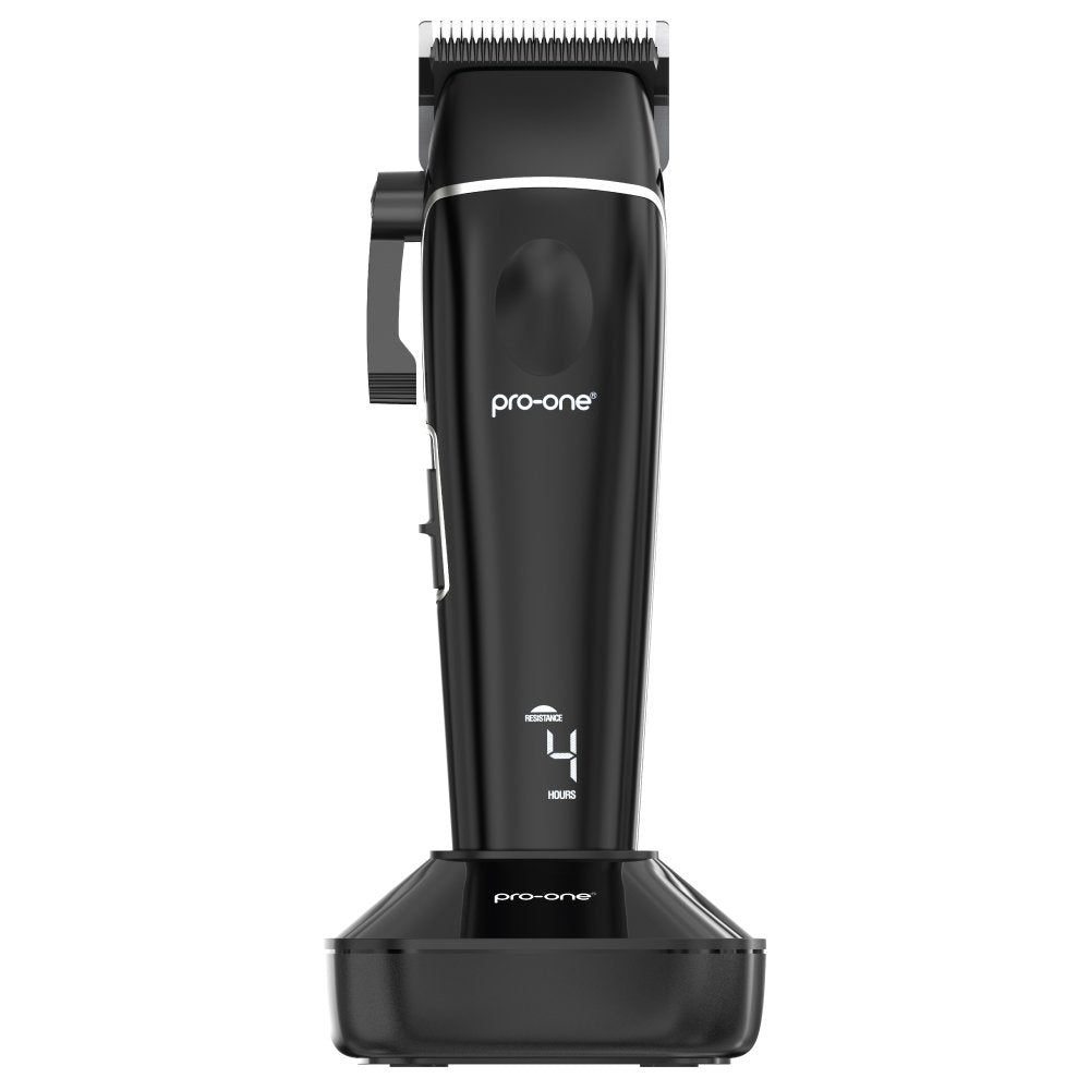 Pro-One stealth cordless hair clipper in black on charging base, front view with LED hour display