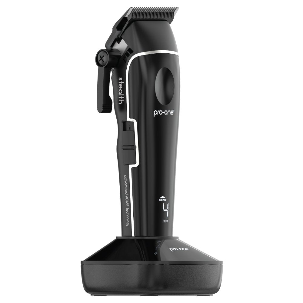 Side view of Pro-One stealth cordless hair clipper on base showing taper lever and cutting blade