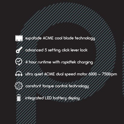 Feature list for Pro-One stealth clipper highlighting ACME cool blade, 5-setting lever and 4-hour runtime