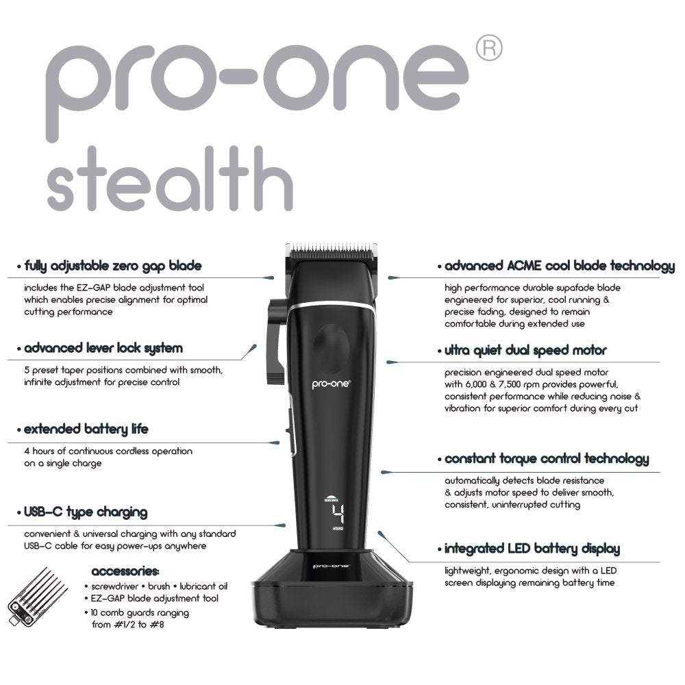 Pro-One stealth cordless hair clipper infographic detailing zero gap blade, USB-C charging and accessories