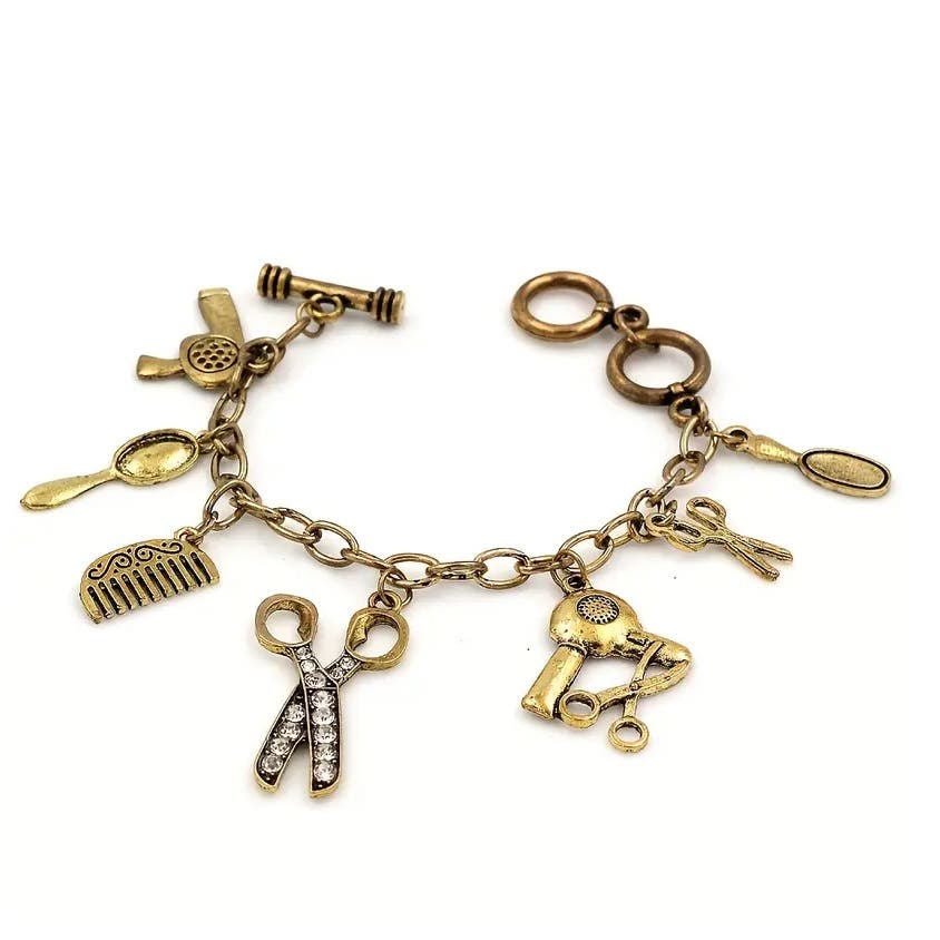 Retro Gold Scissor, Hair Dryer, Barber Tools Pendant Bracelet Chain