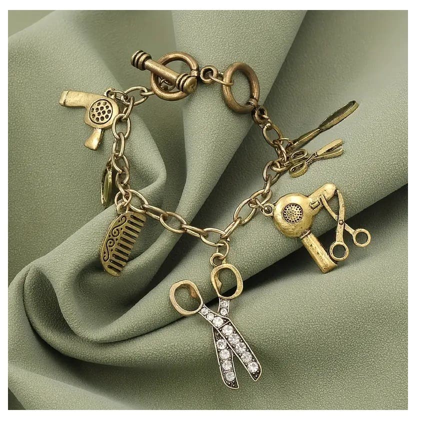 Retro Gold Scissor, Hair Dryer, Barber Tools Pendant Bracelet Chain