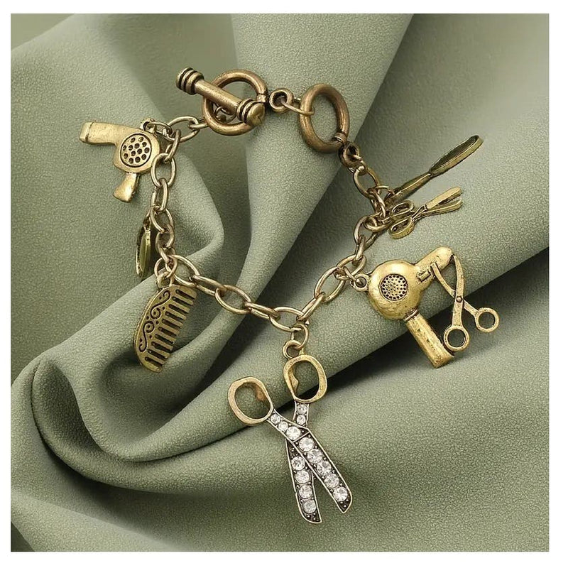 Retro Gold Scissor, Hair Dryer, Barber Tools Pendant Bracelet Chain