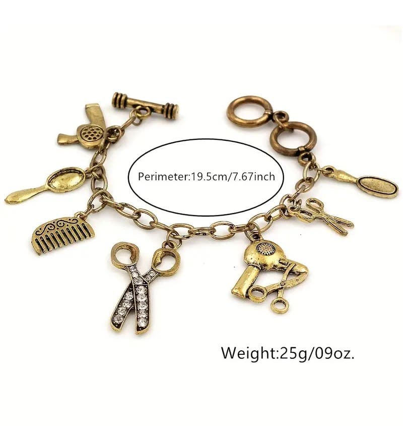 Retro Gold Scissor, Hair Dryer, Barber Tools Pendant Bracelet Chain