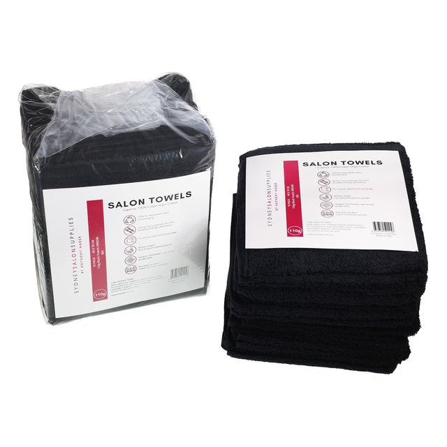 SSS 110g Black Bleach-Resistant Salon Towels 100% Cotton Hand Towels Barber/Beauty/Gym/Hotel/Spa 40x70cm Pack of 10