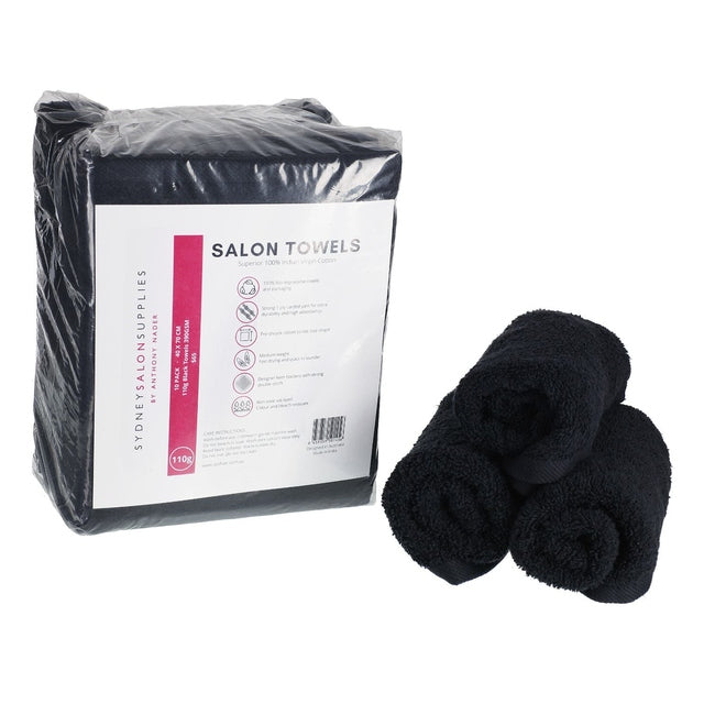SSS 110g Black Bleach-Resistant Salon Towels 100% Cotton Hand Towels Barber/Beauty/Gym/Hotel/Spa 40x70cm Pack of 10