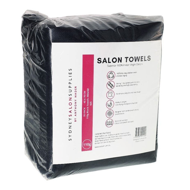 SSS 110g Black Bleach-Resistant Salon Towels 100% Cotton Hand Towels Barber/Beauty/Gym/Hotel/Spa 40x70cm Pack of 10