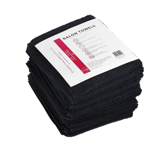 SSS 110g Black Bleach-Resistant Salon Towels 100% Cotton Hand Towels Barber/Beauty/Gym/Hotel/Spa 40x70cm Pack of 10