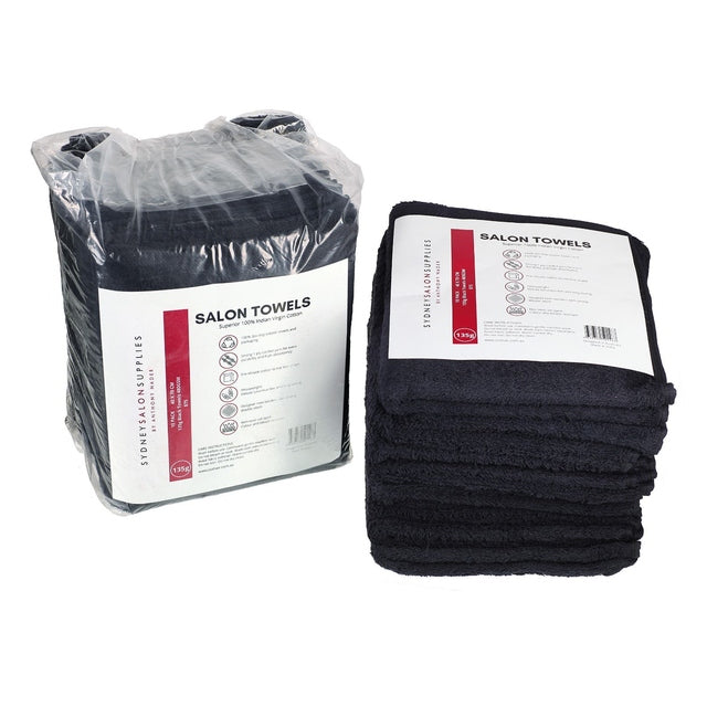 Pack of 10 deluxe black 100% cotton salon towels, 40x70cm, in plastic and stacked display