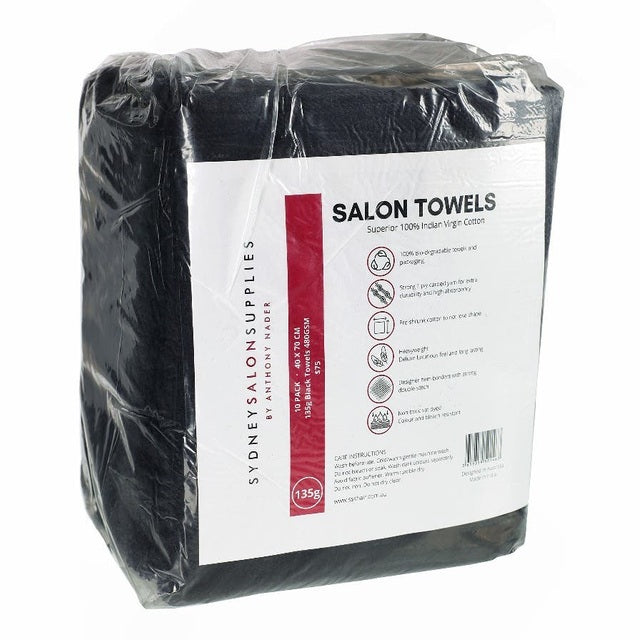 Sealed pack of 10 black 135g salon towels, 100% cotton, 40x70cm, with front label
