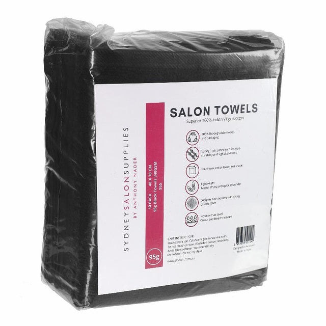 SSS 95g Black Bleach-Resistant Salon Towels 100% Cotton Hand Towels Barber/Beauty/Gym/Hotel/Spa 40x70 Pack of 10