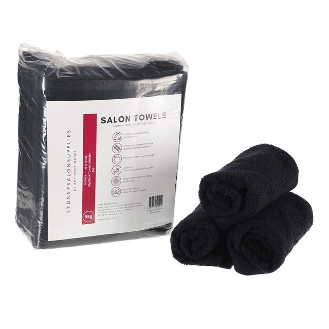 SSS 95g Black Bleach-Resistant Salon Towels 100% Cotton Hand Towels Barber/Beauty/Gym/Hotel/Spa 40x70 Pack of 10