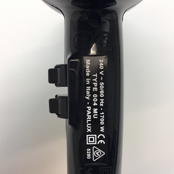 Handle of Twin Turbo 2800 hair dryer showing 1700W and made in Italy details
