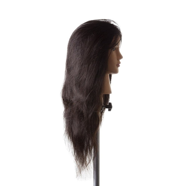 Opposite side view of Janice SSS 24" natural black 1B human hair mannequin head on stand