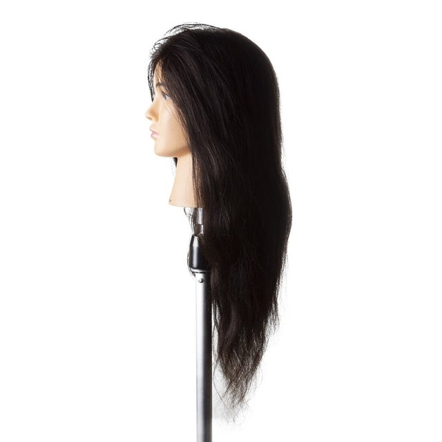 Side view of Janice SSS 24" 100% human hair mannequin head in natural black 1B on stand