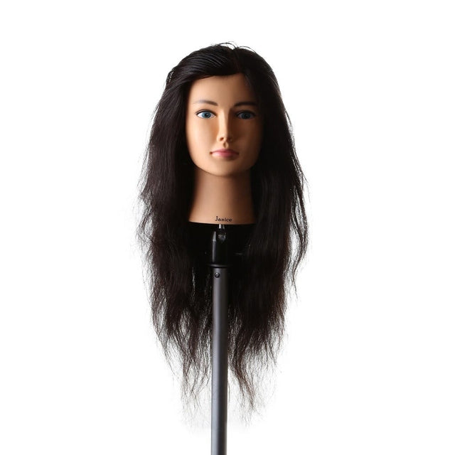 Front view of Janice SSS 24" natural black 1B human hair mannequin head mounted on stand