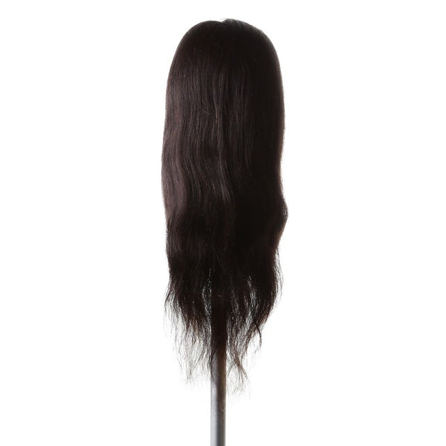 Back view of Janice SSS mannequin showing long 24" natural black 1B human hair on stand