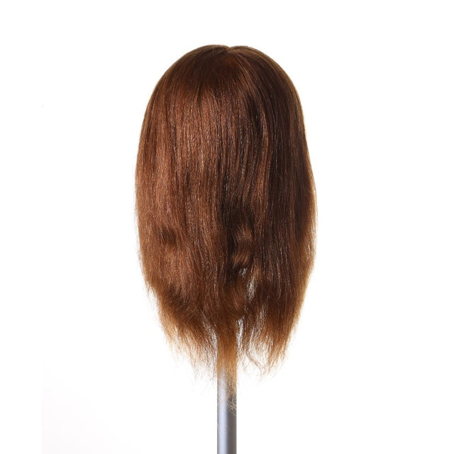 Kelly SSS 16 inch brown 100% human hair mannequin head on stand, back view