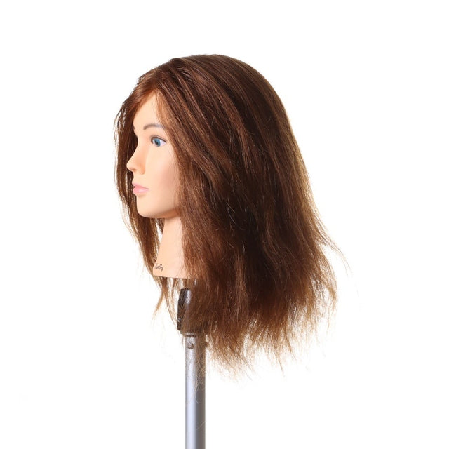 Kelly SSS 16 inch brown human hair mannequin head on stand, left side profile