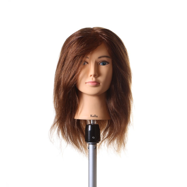 Kelly SSS 16 inch 100% human hair mannequin head with brown hair on stand, front view
