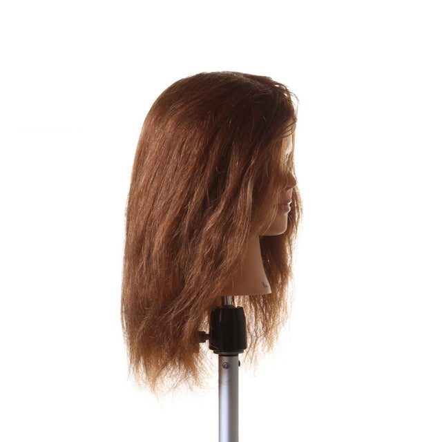 Kelly SSS 16 inch brown 100% human hair mannequin head on stand, right side view