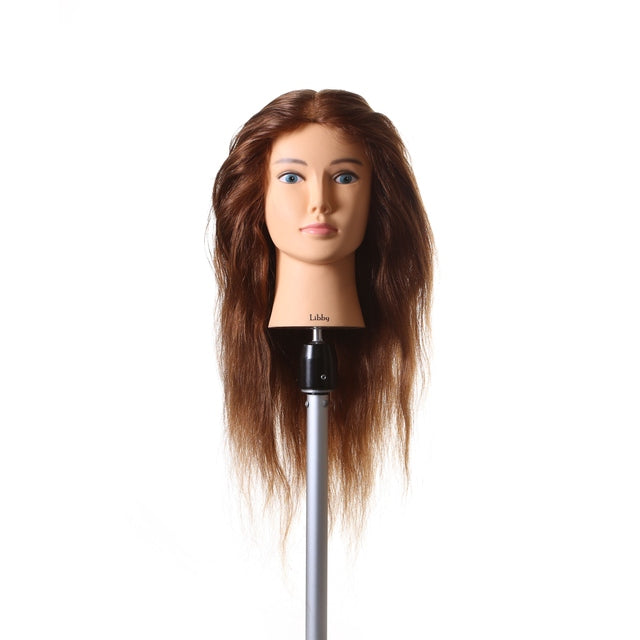 Libby SSS 20-inch brown 100% human hair mannequin head on stand, front view