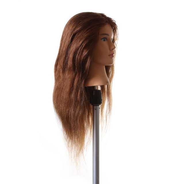 Libby SSS 20-inch brown human hair mannequin head on stand, right side angle