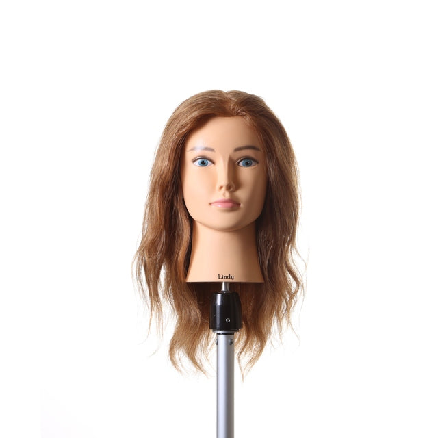 Lindy SSS 100% human hair mannequin head, light brown #27, 16 inch, front view on stand
