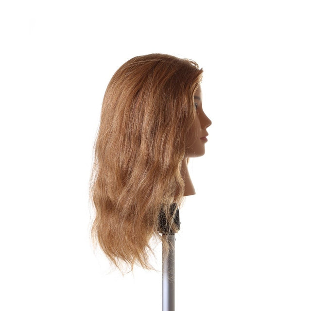 Lindy SSS light brown #27 human hair mannequin head, 16 inch, right side profile on stand