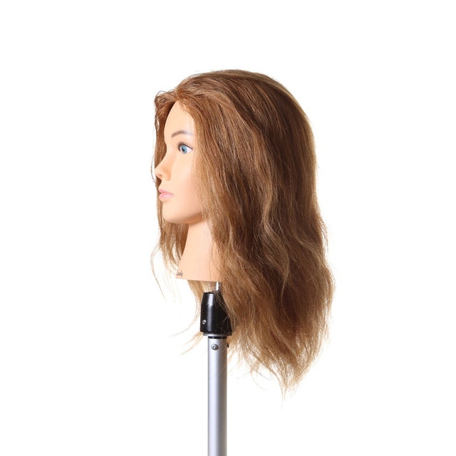 Lindy SSS light brown #27 human hair mannequin head, 16 inch, left side profile on stand