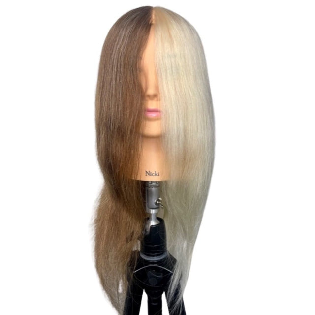 Nicki 18" human hair mannequin head with straight split blonde and brown hair on stand, front view.