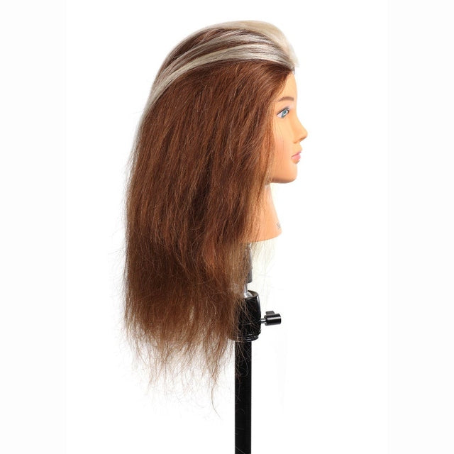 Right side view of Nicki mannequin with long brown human hair and lighter streaks on top.