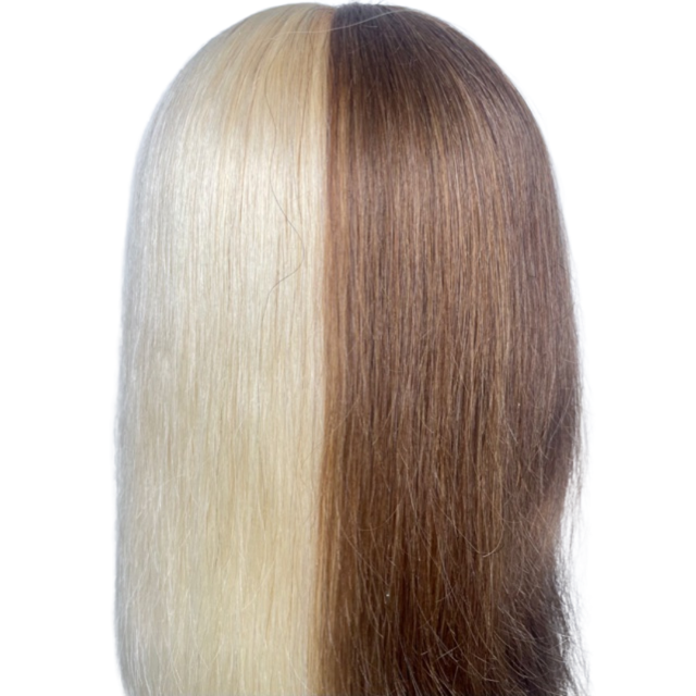 Close-up back view of Nicki mannequin’s straight two tone blonde and brown human hair.