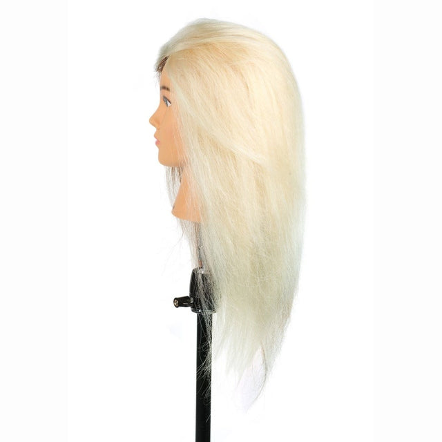 Right side view of Nicki mannequin with long light blonde human hair on styling stand.