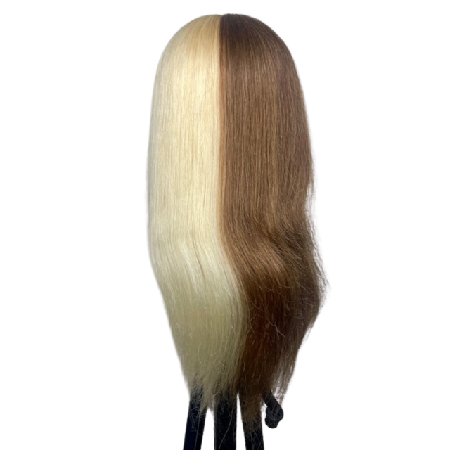 Side-back angle of Nicki 18" mannequin showing long split blonde and brown human hair.