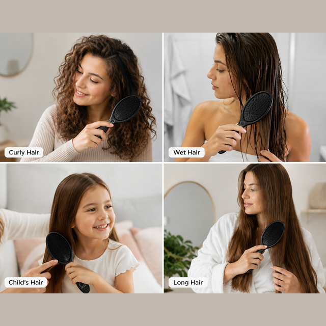 Collage of people using a hairbrush on different types of hair.