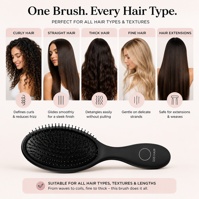 Hairbrush with text highlighting its suitability for various hair types on a white background
