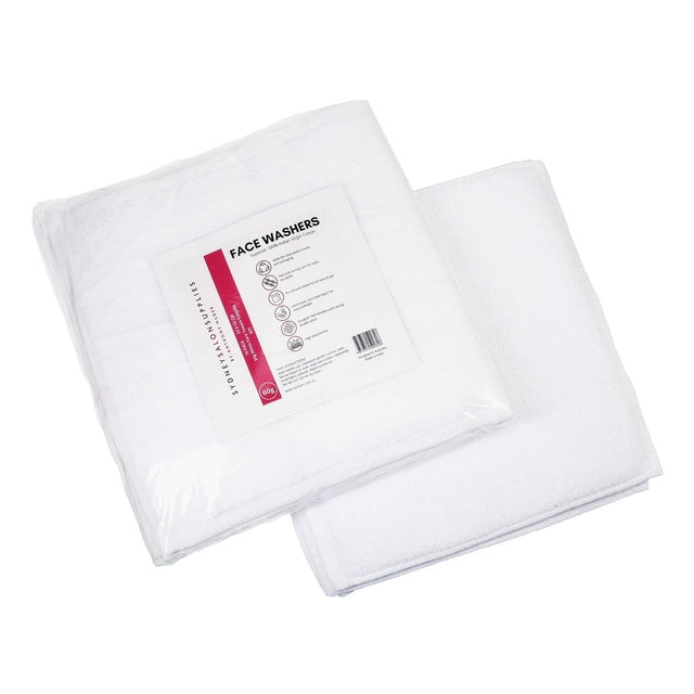 Two packs of SydneySalonSupplies white face washers in clear packaging